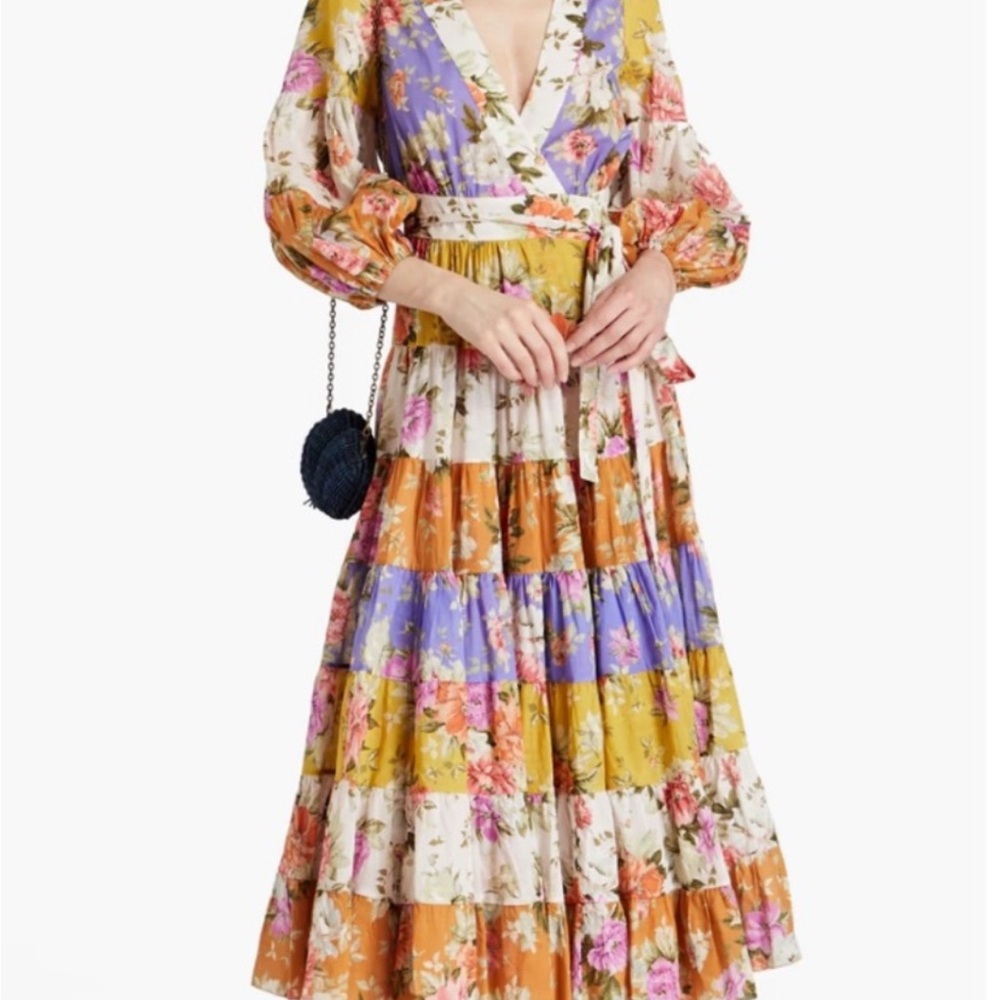 Zimmermann Pattie Wrap Midi Dress Spliced Patchwork Print 100% Cotton Size 3 (10